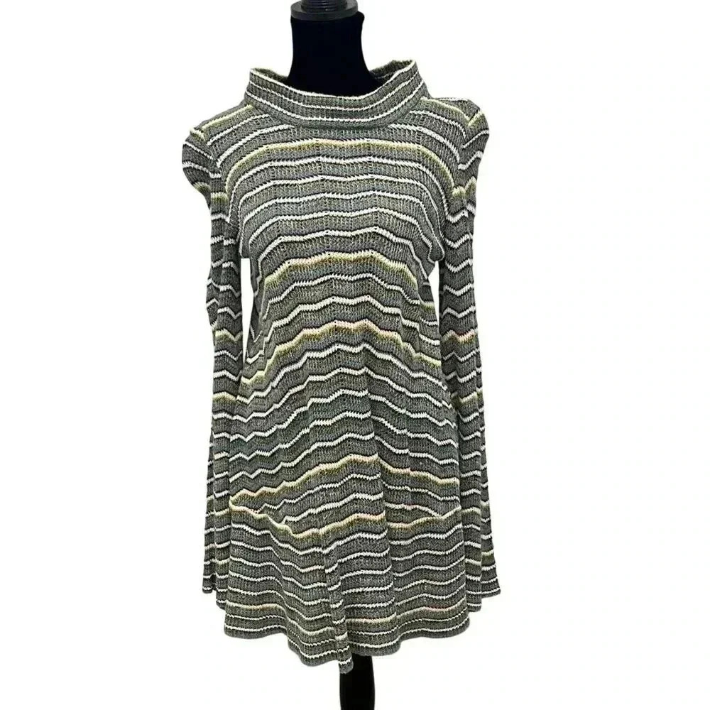 Free People Green Ziggy Zig Zag Chevron Knit Sweater Dress Striped Retro Medium